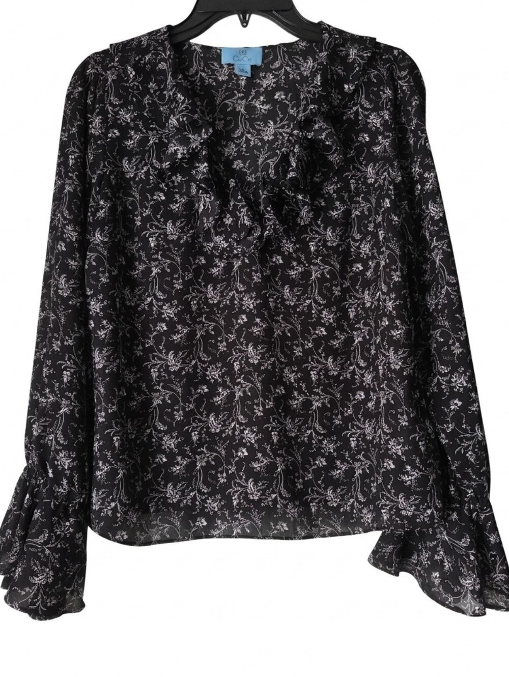 CeCe Black and White Floral Ruffle Blouse Size S